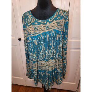 Cathy Turqoise/Tan Paisley Print Babydoll  Tunic L Flowy Boho Peasant  Spring